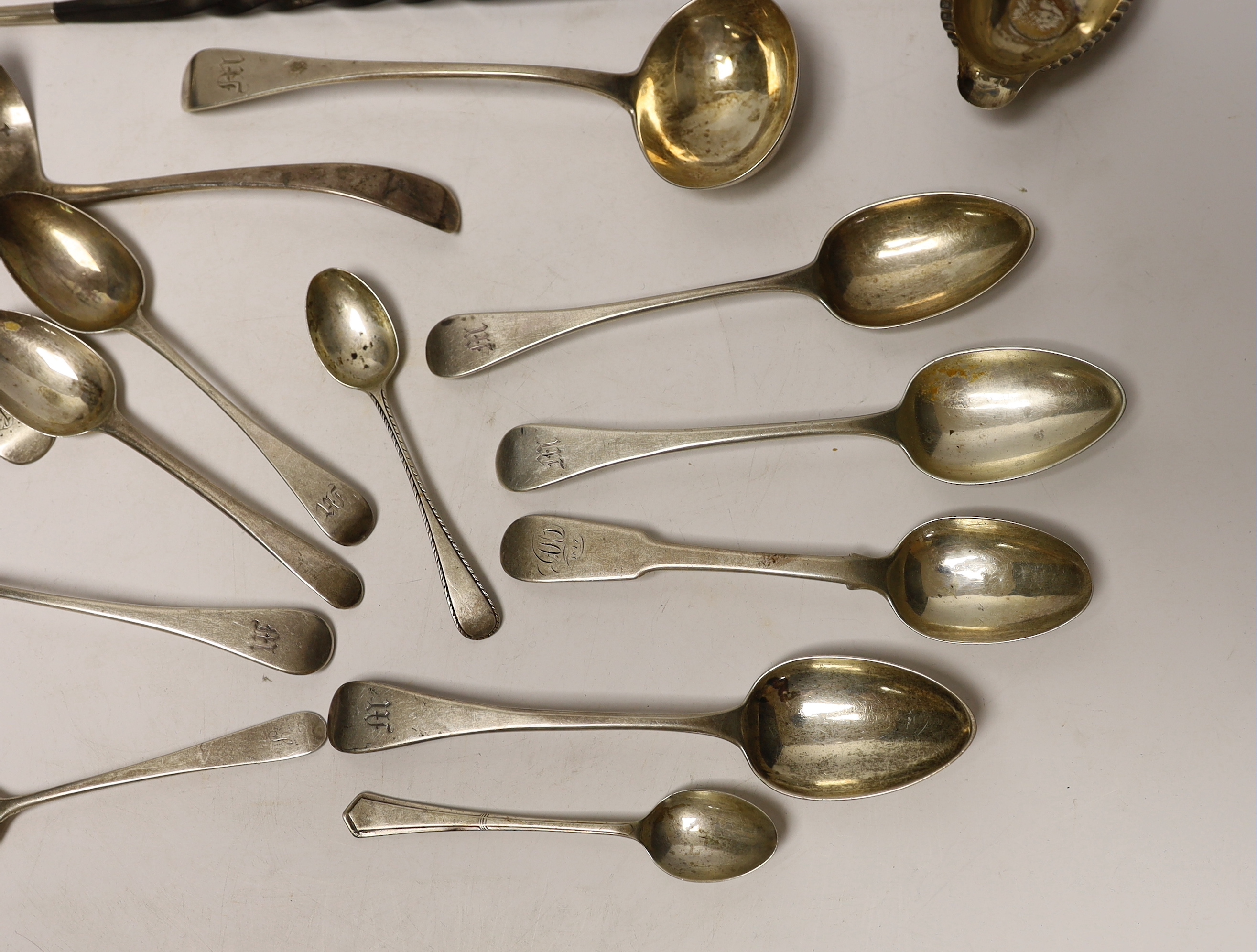 Two 19th century toddy ladles, including Scottish silver and a small quantity of assorted 19th century silver flatware, 15oz.